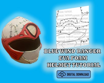May include: Blue Wind Ranger helmet tutorial using EVA foam. The image shows a red and white helmet with a black visor and a digital download icon. The text "BLUE WIND RANGER EVA FOAM HELMET TUTORIAL" is also visible.