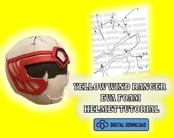 May include: A red and white helmet with a black visor. The helmet is made of EVA foam and is a tutorial for making a Yellow Wind Ranger helmet.
