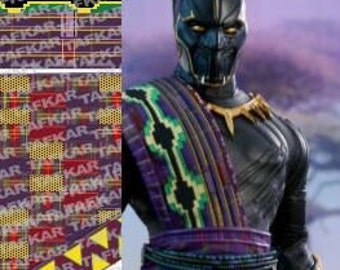 May include: Black Panther wearing a purple and green patterned robe with a black mask and a gold necklace. The robe has a black stripe down the center and a yellow and green pattern on the edges.