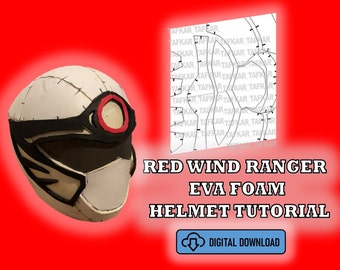 May include: A white helmet with a red visor and black accents. The helmet is made of EVA foam and is a Red Wind Ranger helmet. The image includes a digital download text and a cloud icon.