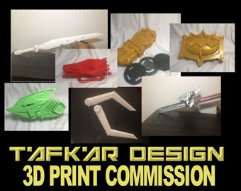 May include: A collection of 3D printed props, including a sword, shield, and other fantasy-themed items. The items are painted in various colors, including green, red, white, and gold. The image includes the text "T'AFKAR DESIGN 3D PRINT COMMISSION".