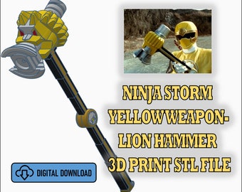 May include: A 3D printed model of the Lion Hammer weapon from the Ninja Storm Power Rangers series. The model is yellow and black and features a lion head design. The image also includes a photo of the Yellow Ranger holding the weapon.  The text "NINJA STORM YELLOW WEAPON - LION HAMMER 3D PRINT STL FILE" is displayed below the image.