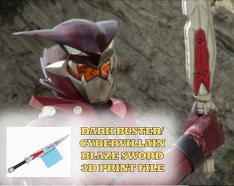 May include: A 3D printable model of a red and silver sword, called the "Blaze Sword", from the "Dark Buster/Cybervillain" series.