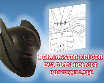 May include: A black helmet with a logo on the front. The helmet is made of EVA foam and is a DIY project. The image also includes a PDF template for the helmet.