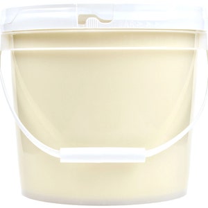 May include: A white plastic bucket with a handle and a lid. The bucket is empty.