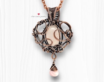 Rose Quartz Heart Pendant With Pink Mother of Pearl Accent, Handcrafted Copper Wire Wrap