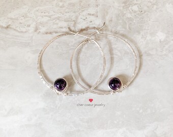 Amethyst hoop earrings, sterling silver wire wrapped earrings for her, handmade crystal healing jewelry for women, boho style earrings