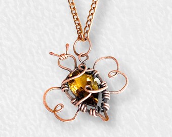 Yellow quartz bee pendant, handmade wire wrapped copper jewelry for her, animal healing crystal gemstone necklace for women