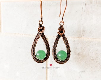 Aventurine drop earrings, handmade wire wrapped copper earrings for her, boho healing crystal gemstone earrings for women