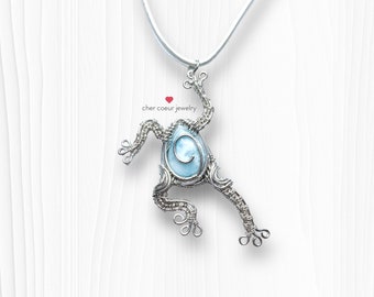 Larimar Frog Pendant, Wire Wrapped Sterling Silver Jewelry, Handcrafted Gemstone Necklace for Men or Women