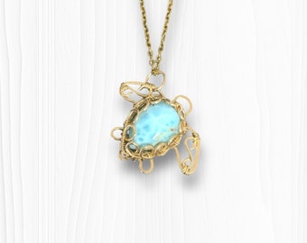 Handmade 14K Gold Fill Wire Wrapped Larimar Turtle Pendant Necklace, Boho Animal Jewelry for Her