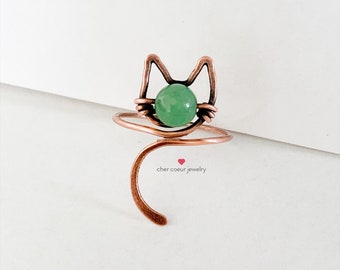 Jade cat ring, handmade wire wrapped copper jewelry for her, animal healing crystal gemstone ring for girls