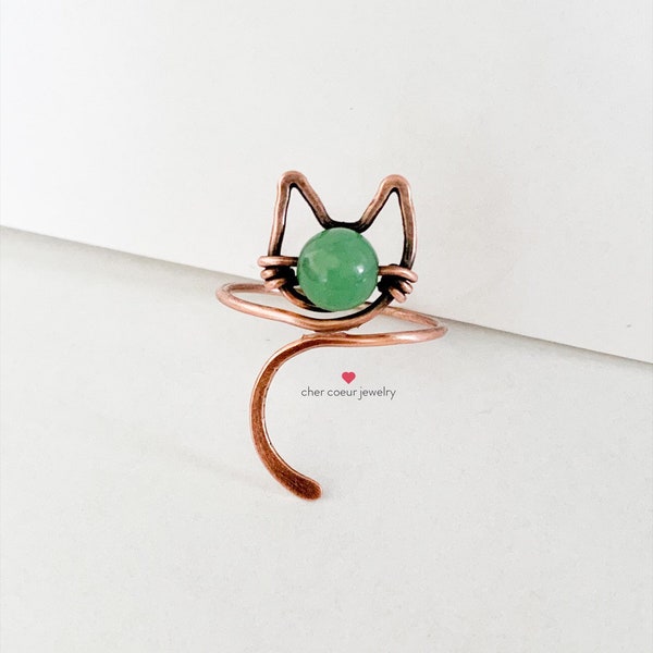 Jade cat ring, handmade wire wrapped copper jewelry for her, animal healing crystal gemstone ring for girls