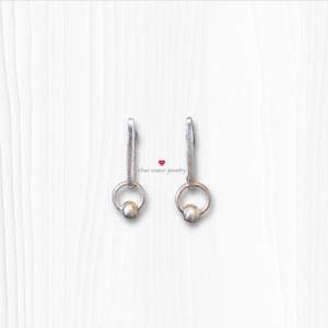 Minimalist Sterling Silver Drop Earrings with Dainty Circle and Bead Detail, Handmade Gift for Her