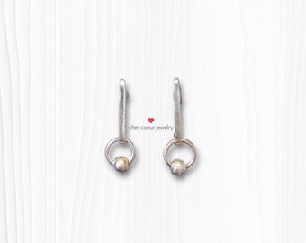 Minimalist Sterling Silver Drop Earrings with Dainty Circle and Bead Detail, Handmade Gift for Her