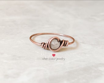 Rose quartz ring, handmade wire wrapped copper jewelry for her, minimalist style crystal gemstone ring for women