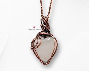 Rose Quartz Heart Pendant, handmade wire wrapped copper jewelry for her, boho healing crystal gemstone necklace for women