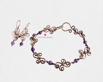 Amethyst Bracelet and Earring Set, handmade wire wrapped copper jewelry for her, boho birthstone gemstone jewelry set for women