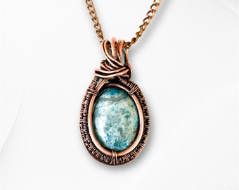 Blue Apatite Pendant, handmade wire wrapped copper jewelry for her, boho healing crystal gemstone necklace for him