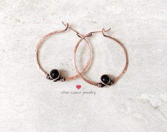 Black jasper hoop earrings, handmade wire wrapped copper jewelry for her, healing crystal gemstone earrings for women