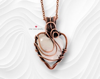 Crystal Quartz Heart Pendant, handmade wire wrapped copper jewelry for her, boho healing crystal gemstone necklace for women