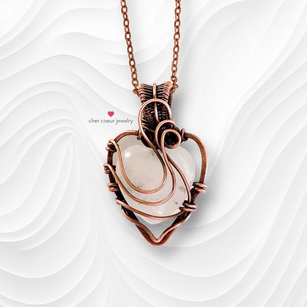 Crystal Quartz Heart Pendant, handmade wire wrapped copper jewelry for her, boho healing crystal gemstone necklace for women