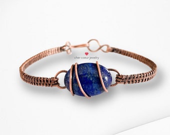 Lapis Lazuli Copper Bracelet for Anxiety Relief, handmade wire wrapped gemstone jewelry for women and men