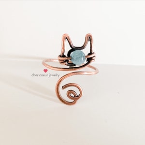Blue angelite cat ring, handmade wire wrapped copper jewelry, animal inspired healing crystal gemstone ring