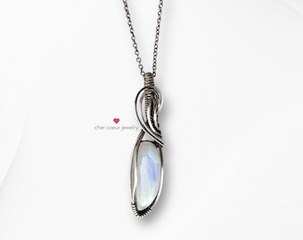 Rainbow moonstone pendant, handmade wire wrapped sterling silver jewelry for her, boho healing crystal gemstone necklace for women