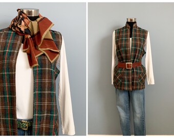 Vintage Red Plaid Vest Button Front Christmas Japan Pockets Preppy Mod Sz 10