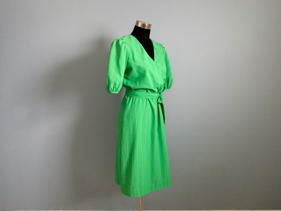 Vintage 80s Mock Wrap Dress - 1980s Green White P… - image 5