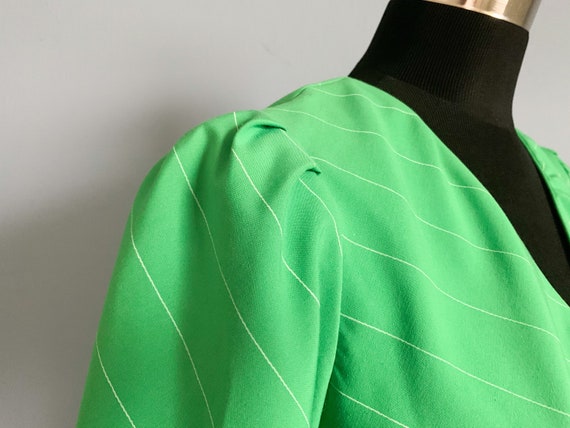 Vintage 80s Mock Wrap Dress - 1980s Green White P… - image 3