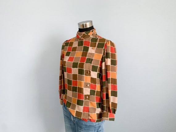 Vintage 80s Fall Colors Plaid Blouse- 1980s High … - image 1