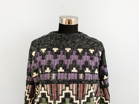Vintage 80s Oversized Wool Sweater - 1980s Geomet… - image 2