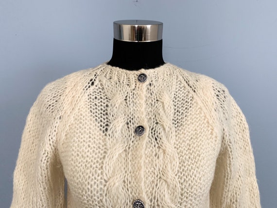 Vintage 80s Beige Mohair Wool Cardigan Sweater - … - image 3