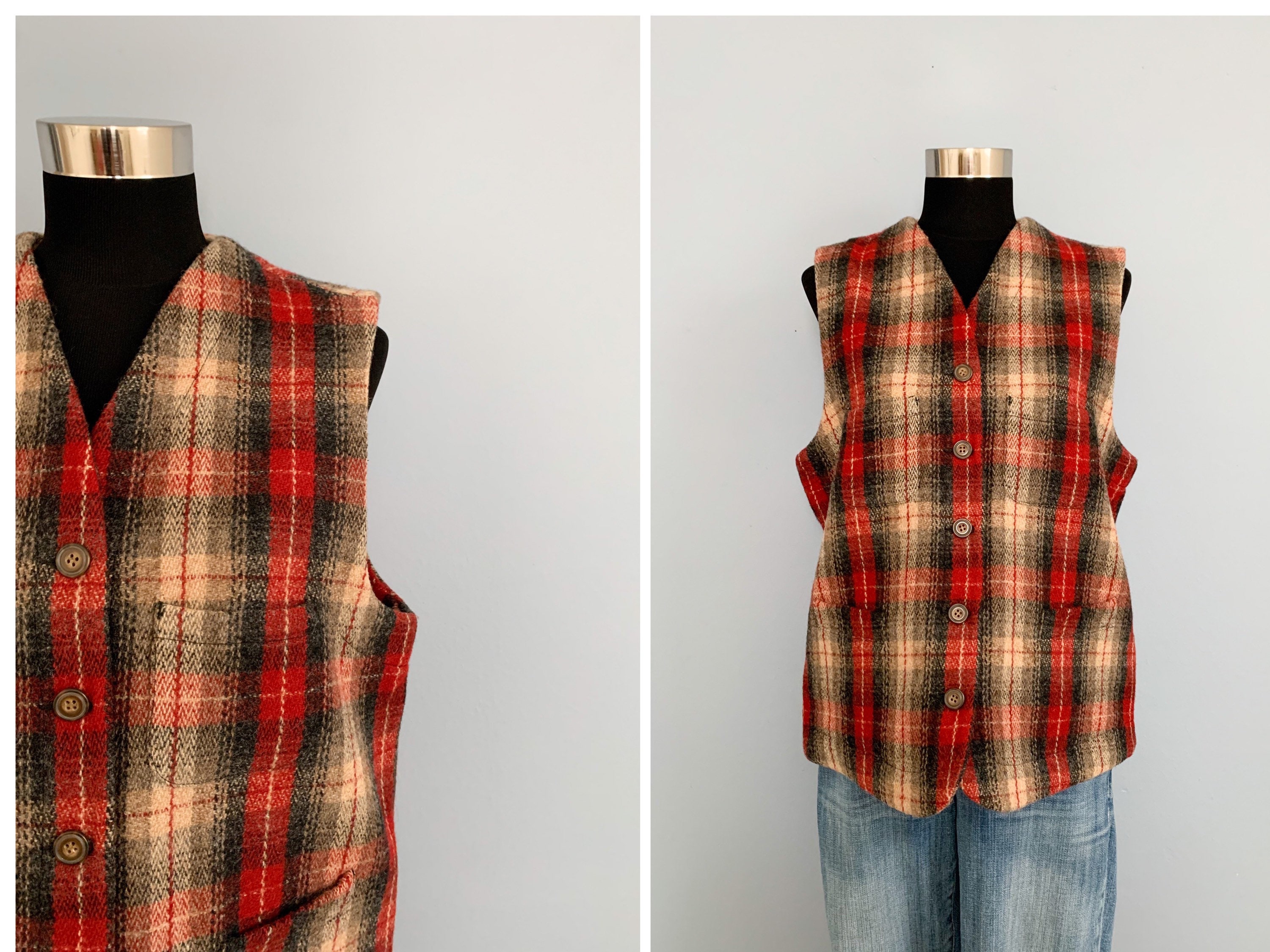 Vintage 90s Plaid Wool Vest - 1990s Eddie Bauer Vest