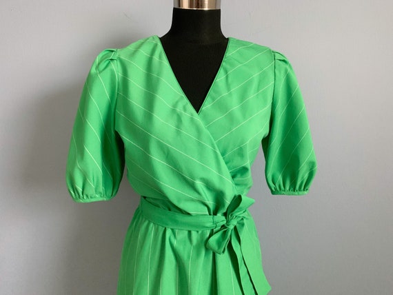 Vintage 80s Mock Wrap Dress - 1980s Green White P… - image 4