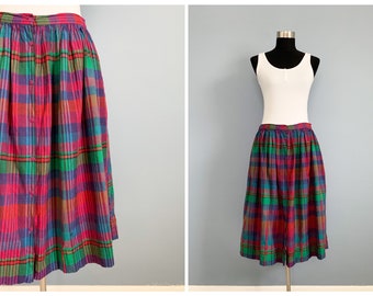 Vintage 80s Madras Cotton Skirt - 1980s Colorful Rainbow Plaid Button Down Skirt