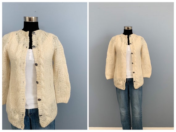 Vintage 80s Beige Mohair Wool Cardigan Sweater - … - image 1