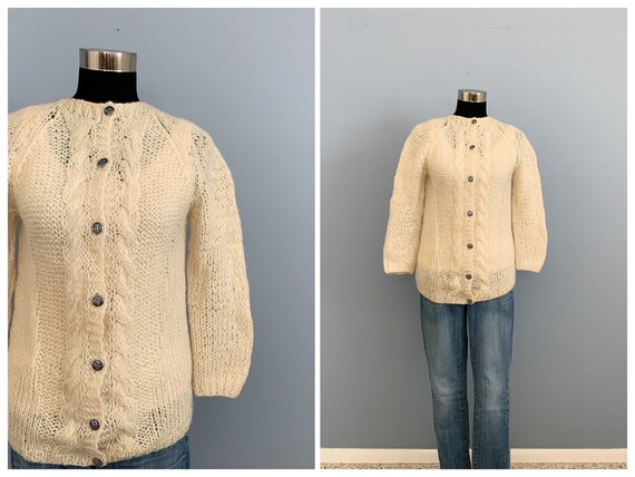 Vintage 80s Beige Mohair Wool Cardigan Sweater - … - image 4
