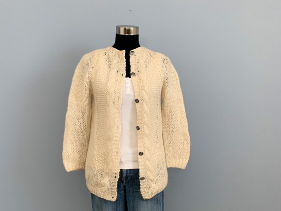 Vintage 80s Beige Mohair Wool Cardigan Sweater - … - image 2