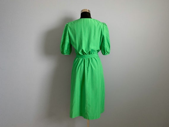 Vintage 80s Mock Wrap Dress - 1980s Green White P… - image 6