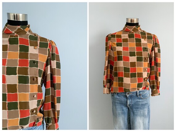 Vintage 80s Fall Colors Plaid Blouse- 1980s High … - image 2