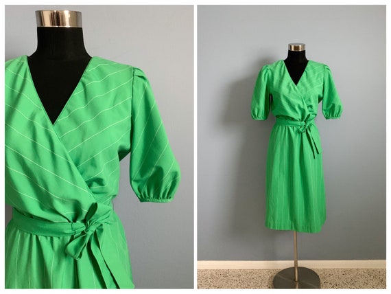Vintage 80s Mock Wrap Dress - 1980s Green White P… - image 1