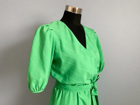 Vintage 80s Mock Wrap Dress - 1980s Green White P… - image 2
