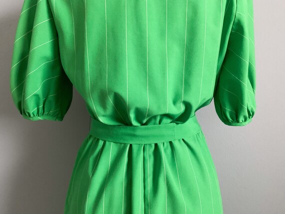 Vintage 80s Mock Wrap Dress - 1980s Green White P… - image 7