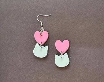 I love Cats! Pastel Acrylic Dangle Earring | lightweight pink and green stud jewelry accessories cat lover gift