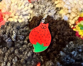 Strawberry Cat Acrylic Dangle Earring | lightweight jewelry fruit accessories cat lover cat lady gift