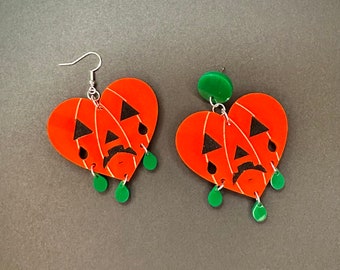 Crying Pumpkin Heart | acrylic lightweight earrings Halloween spooky tattoo American traditional accessories alternative