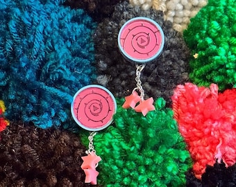 Rose Quartz Shield Dangle Stud Earrings | steven universe jewelry accessories laser cut mirror engraved future handmade su pink diamond